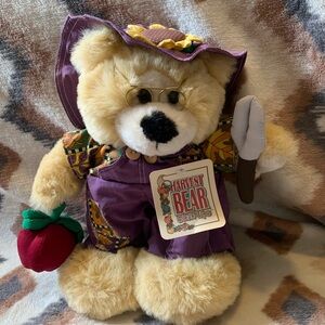 Harvest Bear Plush in Purple Overalls with Sunflower Hat